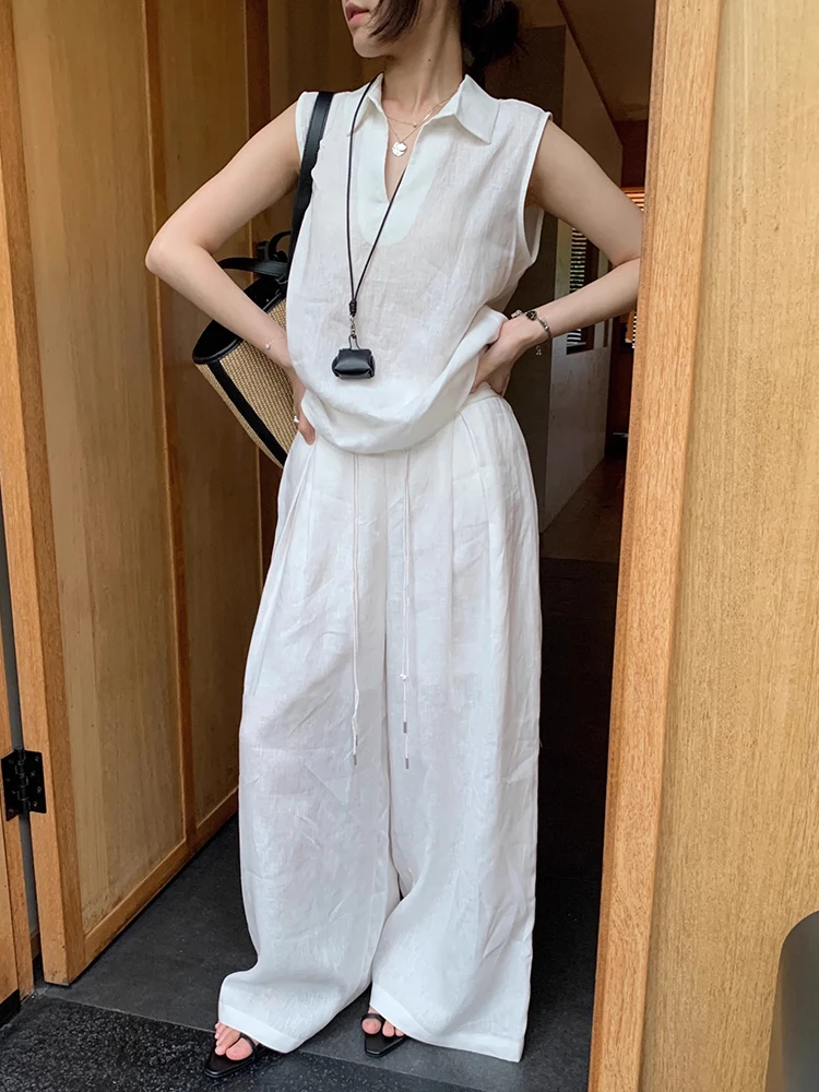

Clothland Women Stylish Blouse Pants Suit Sleeveless Shirt Elastic Waist Wide Leg Trousers Summer Two Piece Set TA635