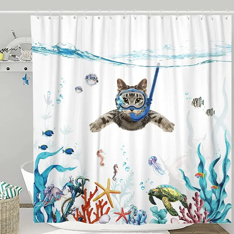 

JY01Funny Cat Shower Curtain Cute Cats Riding Shark Dinosaur Ocean Animals Fish Starfish Turtle Nautical Bathroom Decor with H@1