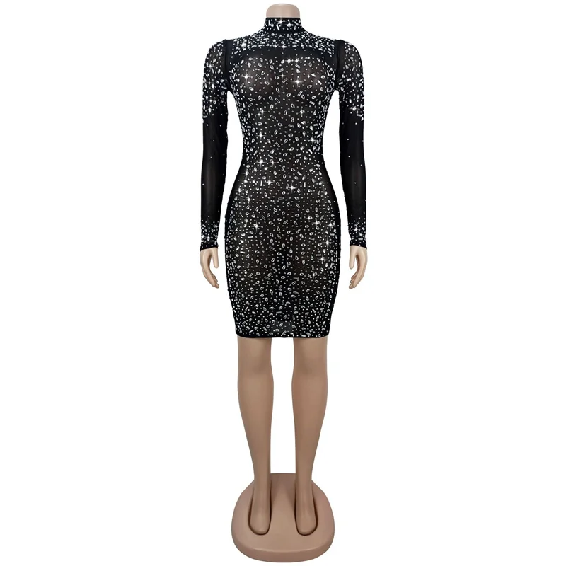Mulheres 2025 manga longa sexy pura malha strass bodycon mini night club vestido ver através de diamantes preto vestidos de festa feminino