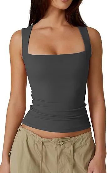 Street-Style Hot Girl Mode Quadratischer Ausschnitt Basic Slim Fit Ärmelloses Tanktop Basis-Layer – Detail 4