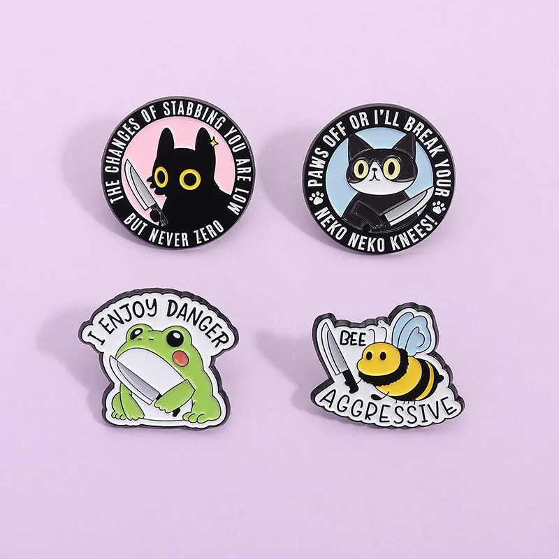 Aggressive Animal Knife Enamel Pins Set 4Pcs Cat Frog Bee Brooches Funny Threatening Meme Lapel Badges Gift