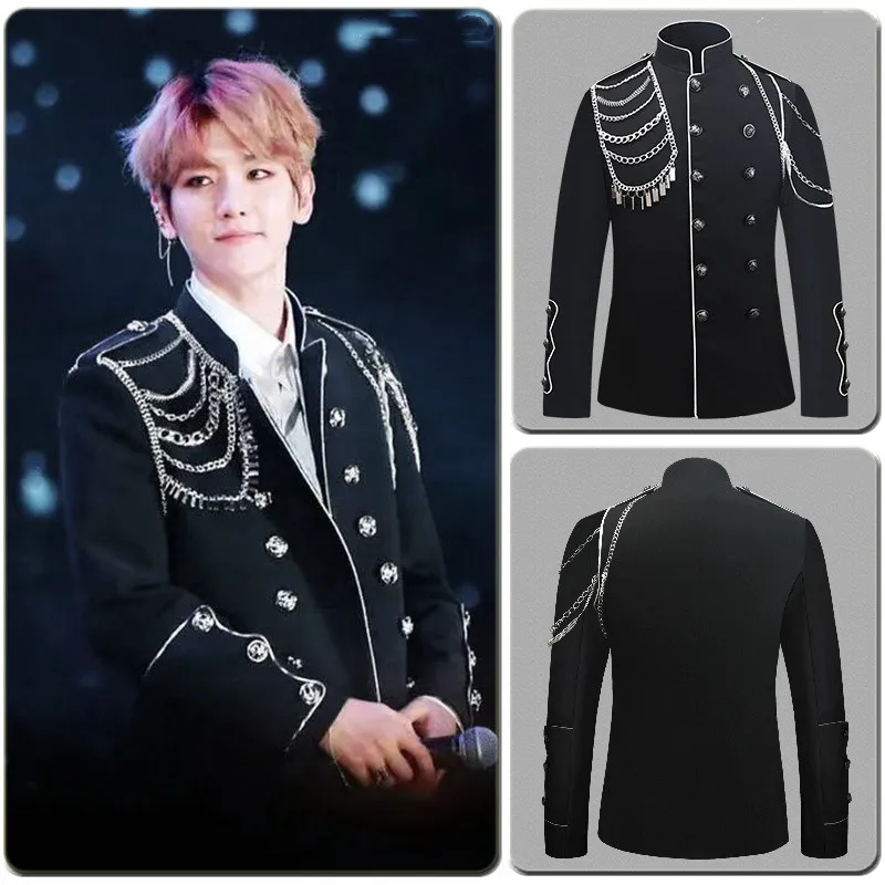 Black Double Button Metal Chains Jacket Male Punk Court Stand Collar Outerwear Bar Singer Star Concert Stage Performance Coat