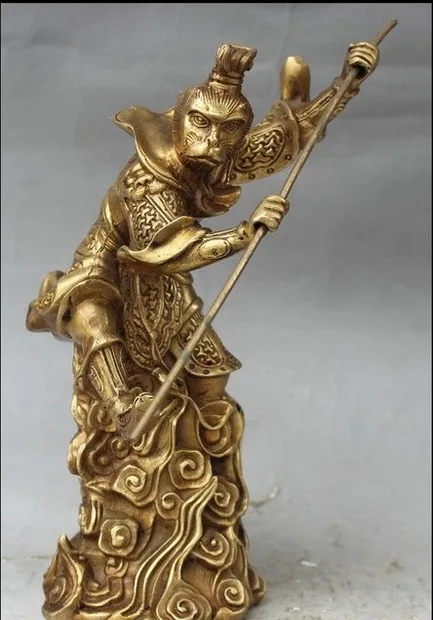 

9" Chinese Brass Myth Handsome Monkey King Sun WuKong Hold Golden Cudgel Statue