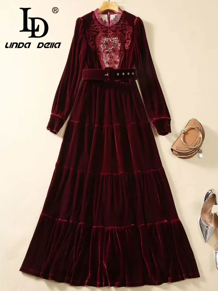 LD LINDA DELLA Autumn winter Vintage Dress Women\'s Wine red Embossed hollow Belt Cascading Ruffle Splice Draped Thick Long Dress