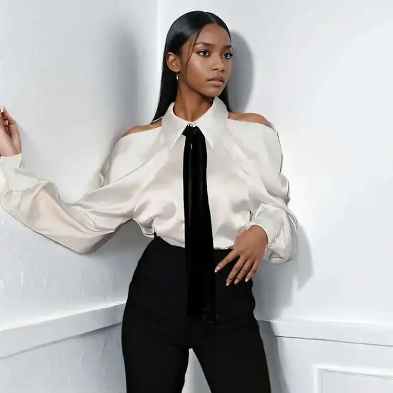 

Women's Fashion Off Shoulder Halter White Blouse Spring New Arrival Long Sleeves Lapel Shirts With Tie Female