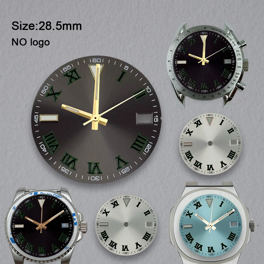 No Logo 28.5mm Roman Numeral Blank Dial For NH35 Movement Green Luminous Custom Logo Watch Dials Hands Accessories Repair Tools