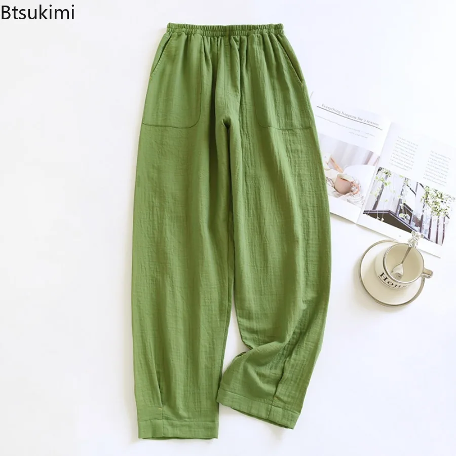 Women's Pajamas Casual Cotton Linen Wide Leg Pants Elastic Waist Loose Pants for Women Double-layer Gauze Thin Style Home Pants