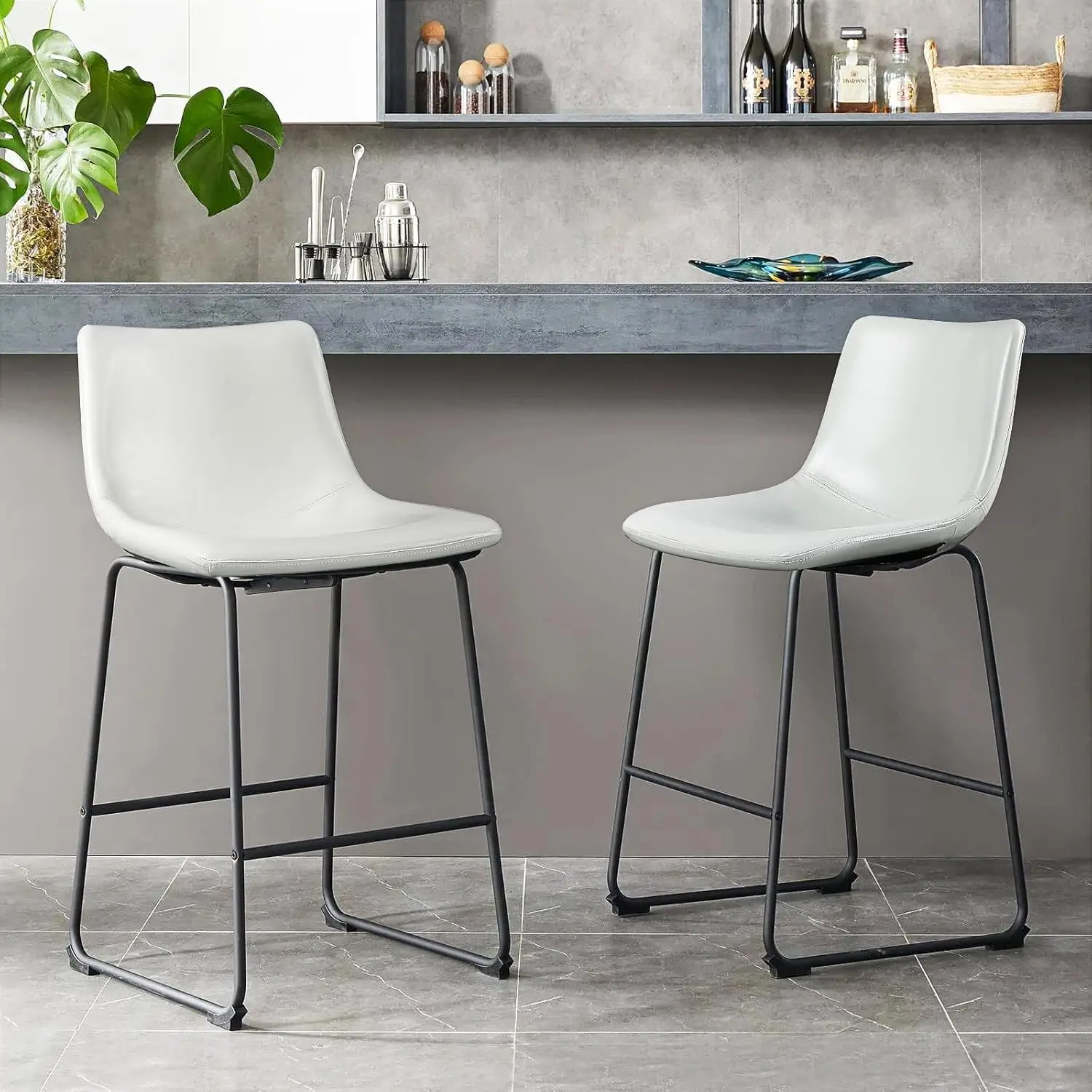 

Counter Height Bar Stools Set of 2 with Back Faux Leather Kitchen Island Modern Metal Legs 26in White, Customized