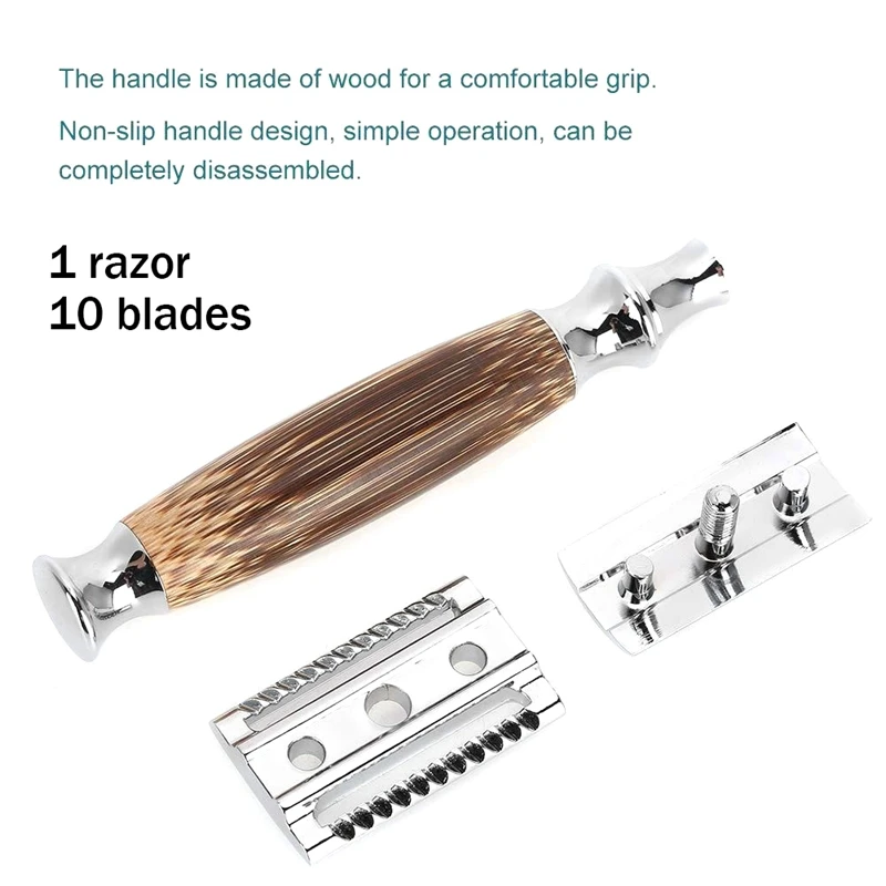 1 Set Classic Bamboo Handle Safety Razor Manual Double Edge Shaving Shaving Barber Razors T-Shaped Razor Kit For Men