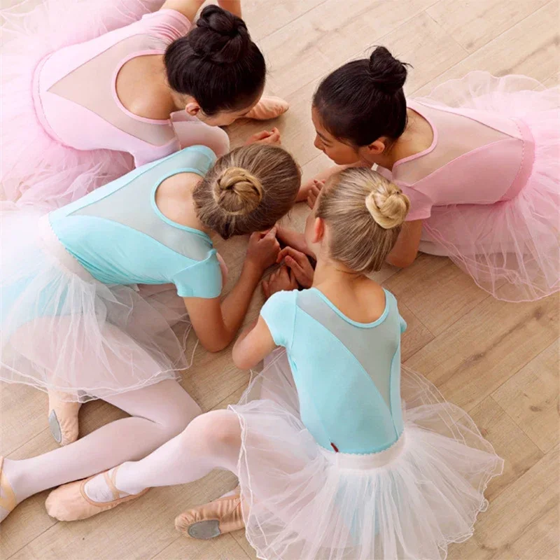 Meisjes Ballet Turnpakje Bodysuit Mesh Splice Kostuums Kinderen Korte Mouw Chiffon Tutu Jurk Kids Ballet Danskleding