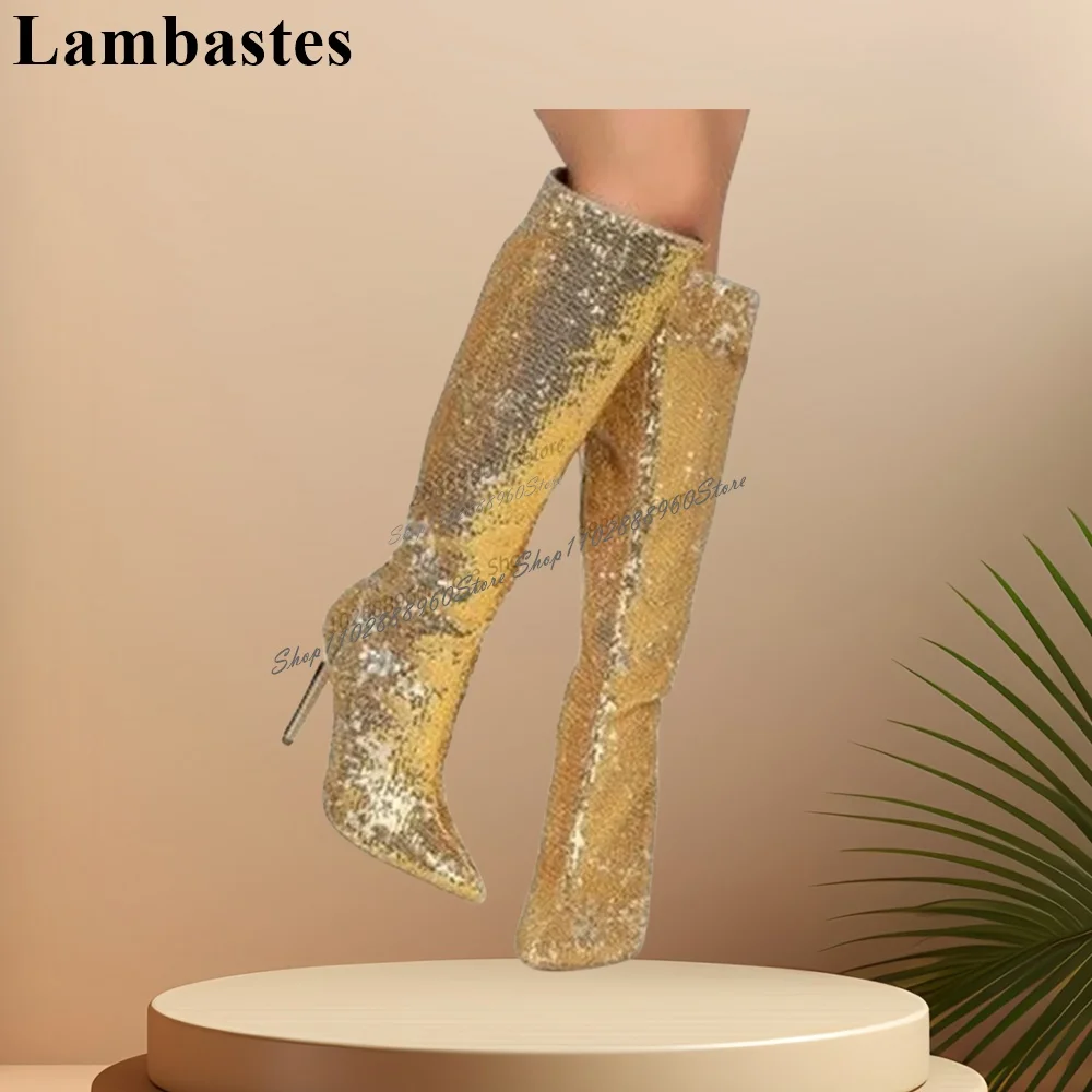 Graceful Knee High Golden Glitter Decor Boots Stilettos High Heel Shoes For Women Side Zipper Pointed Toe 2023 Zapatillas Mujer