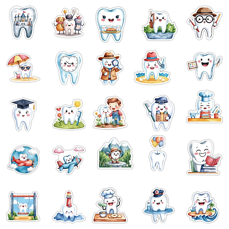 50Pcs Cute Dental Health Care Stickers Cartoon Teeth Theme Decals Waterproof DIY Decor For Suitcase Diary Stationery Helmet
