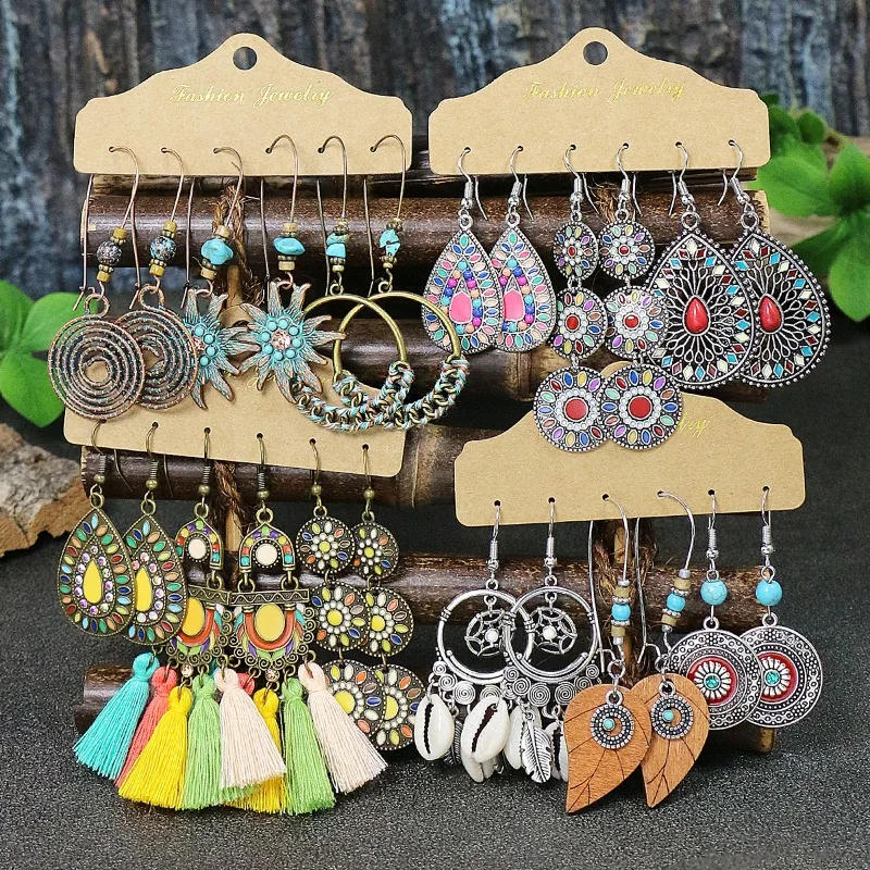Vintage Hot Sell Tassel Dangle Earrings Set for Women 3 Pairs Bohemian Geometric Shell Sunflower Designer Earrings Boho Jewelry