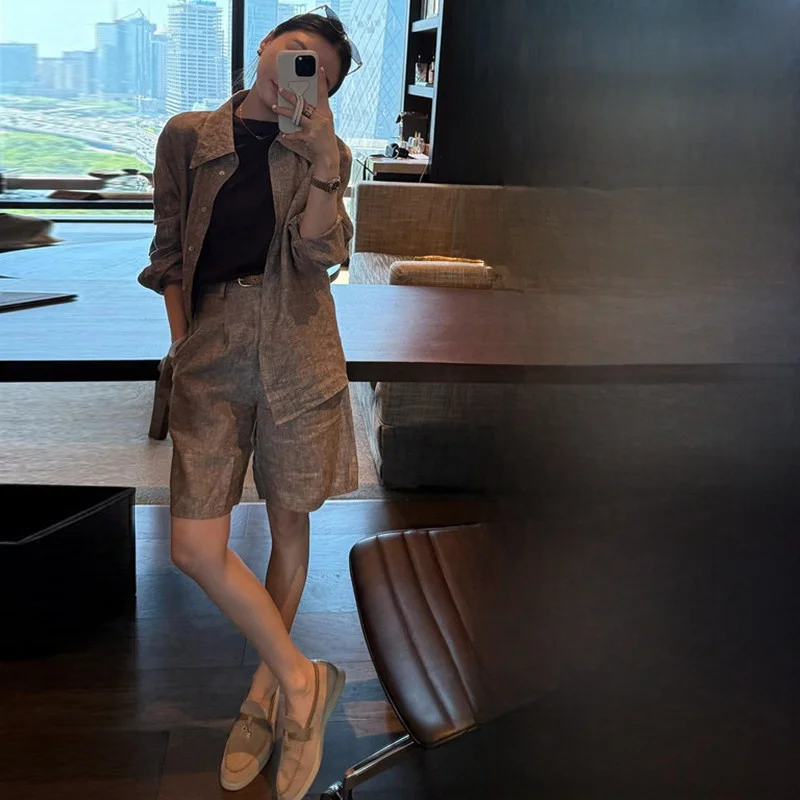 Retro Coffee Color Fashion Set Women's Spring New Loose Collar Shirt Shorts Two-Piece Set High Waist Polyester Fiber Long Sleeve