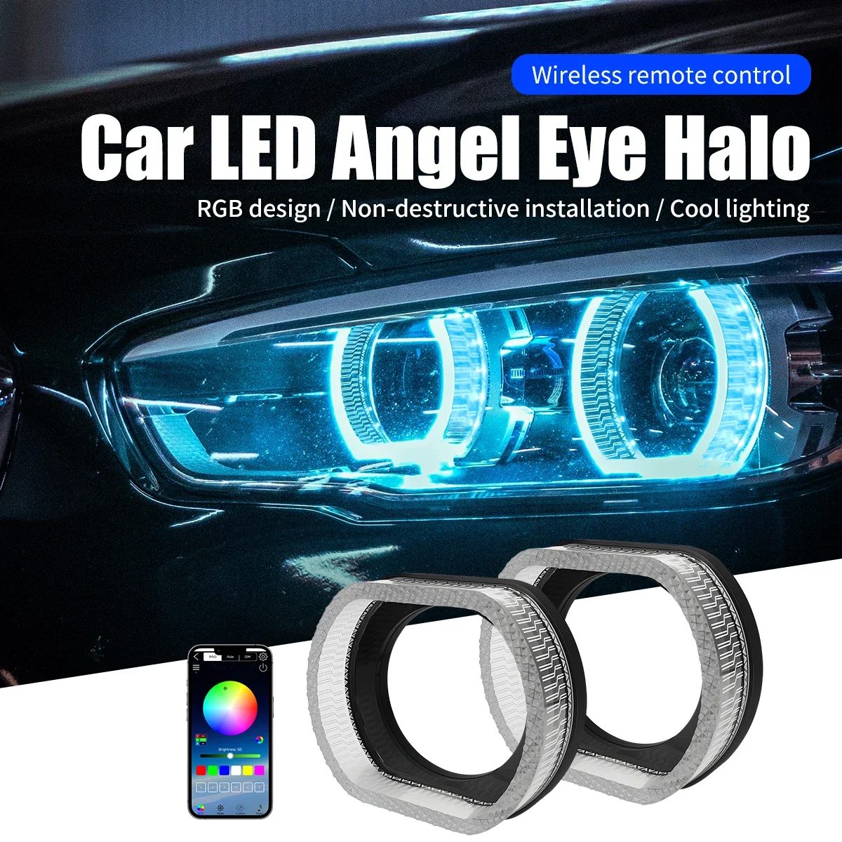 3 Inch Led 5D Angel Eyes Halo Rings Car Front Headlight RGB Colorful Decorative Light Oval DRL Driving Light