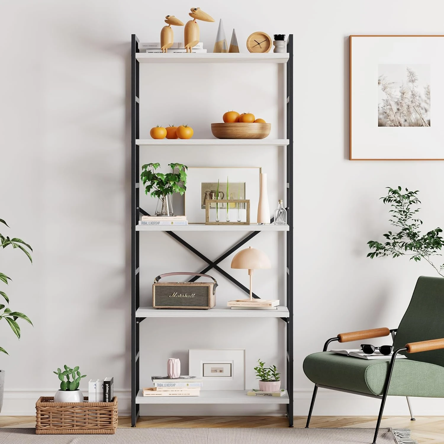 

5 Tier Bookshelf, Free Standing Bookcase Organizer Farmhouse Kitchen Ladder Shelves Rustic Wood Open Shelves Metal , Vintage Di