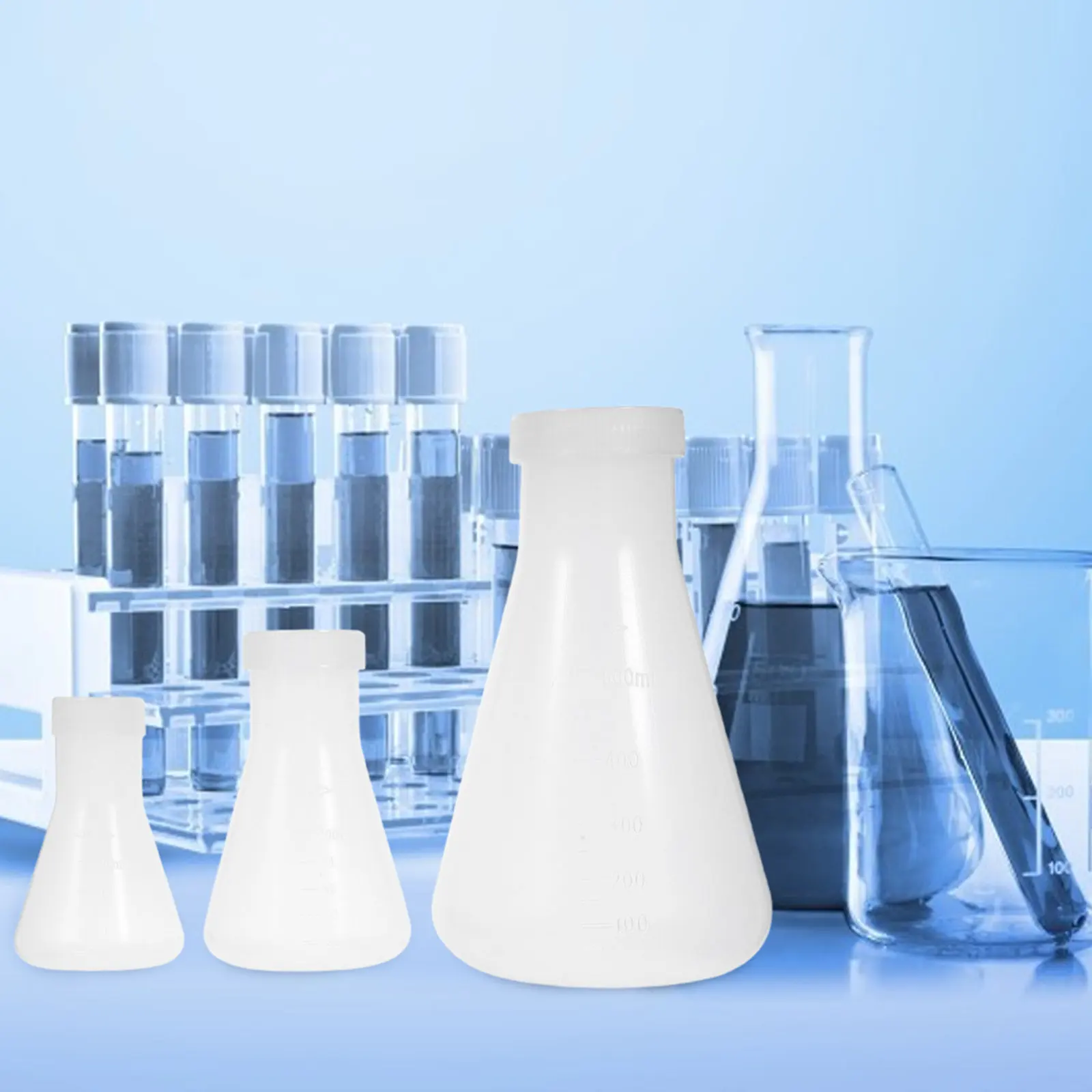 3Pcs Plastic Conical Flask Screw Cap Stable Solid Base Clear Markings for Chemistry Experiment Laboratory Students