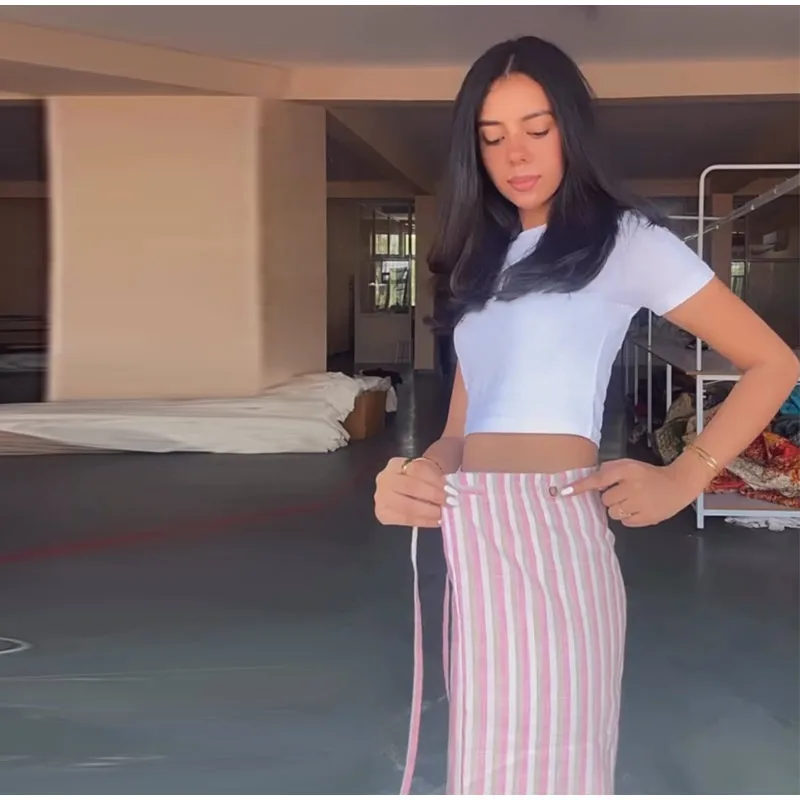 Casual Striped Women's Trouser Lace-Up Adjust Belt High Waist Wide Leg Pants 2026 Summer Autumn Fashion Female Street Trousers
