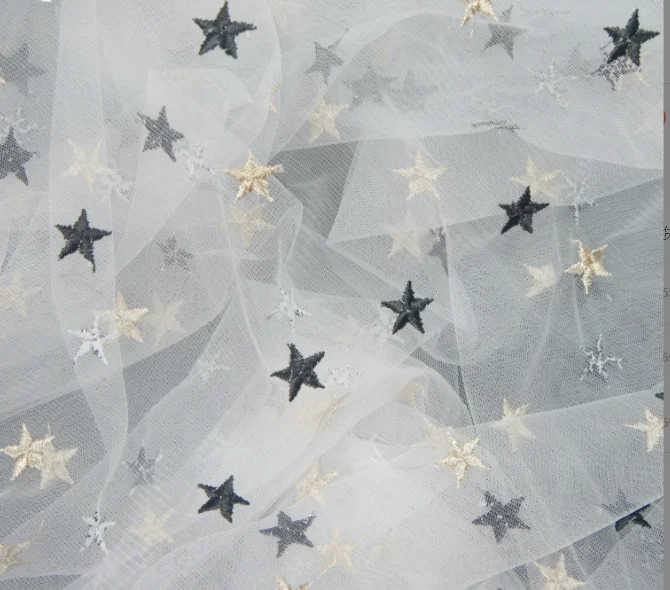 

Black stars embroidered lace fabric, gold star soft mesh tulle fabric for Girl Dress,Prom Dress, bride dress, Evening Dress