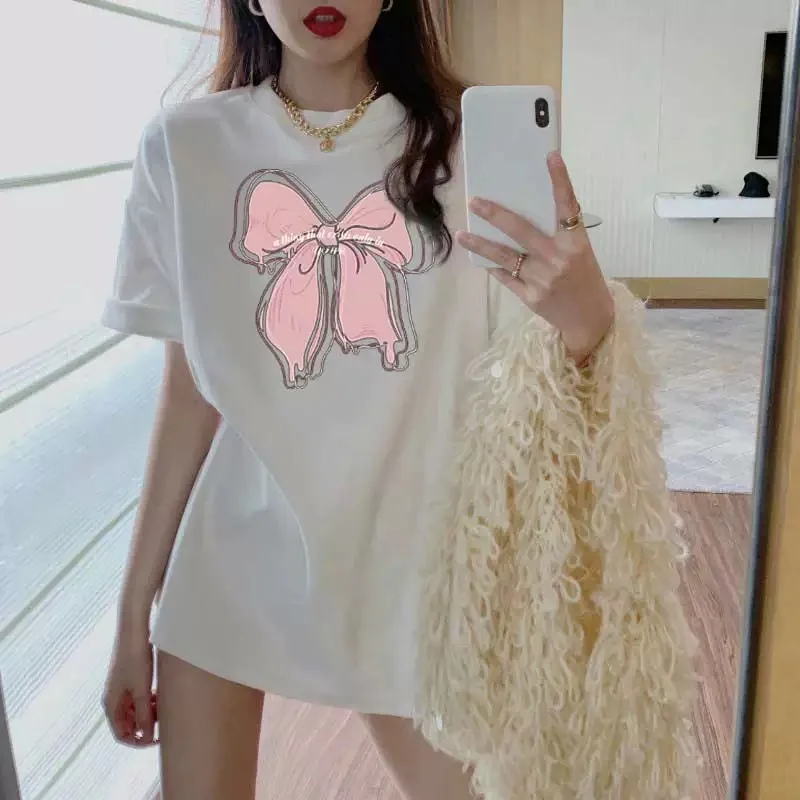 2025 New Korean Popular Lace Bow Print T-shirt Women Summer Short Sleeve Tee Casual Y2k Top Elegant Girls Clothes - Image 5