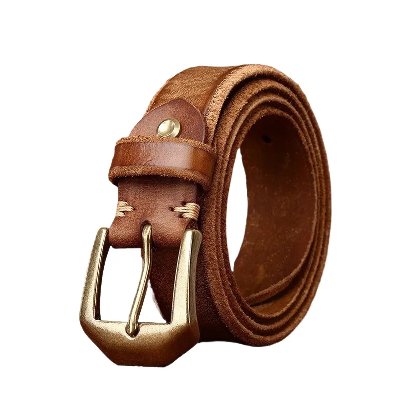 Extra thick genuine leather first layer cowhide belt thickness 5.5mm men's copper buckle raw edge fur bottom retro washed belt