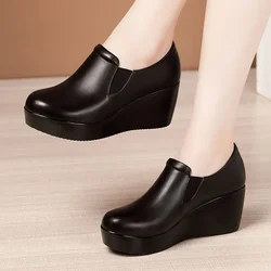 6cm Small Size 32-43 Comfortable Med Heels Wedges Shoes Leather Loafers 2025 Fall Deep Mouth Platform Pumps with Fur Office Mom