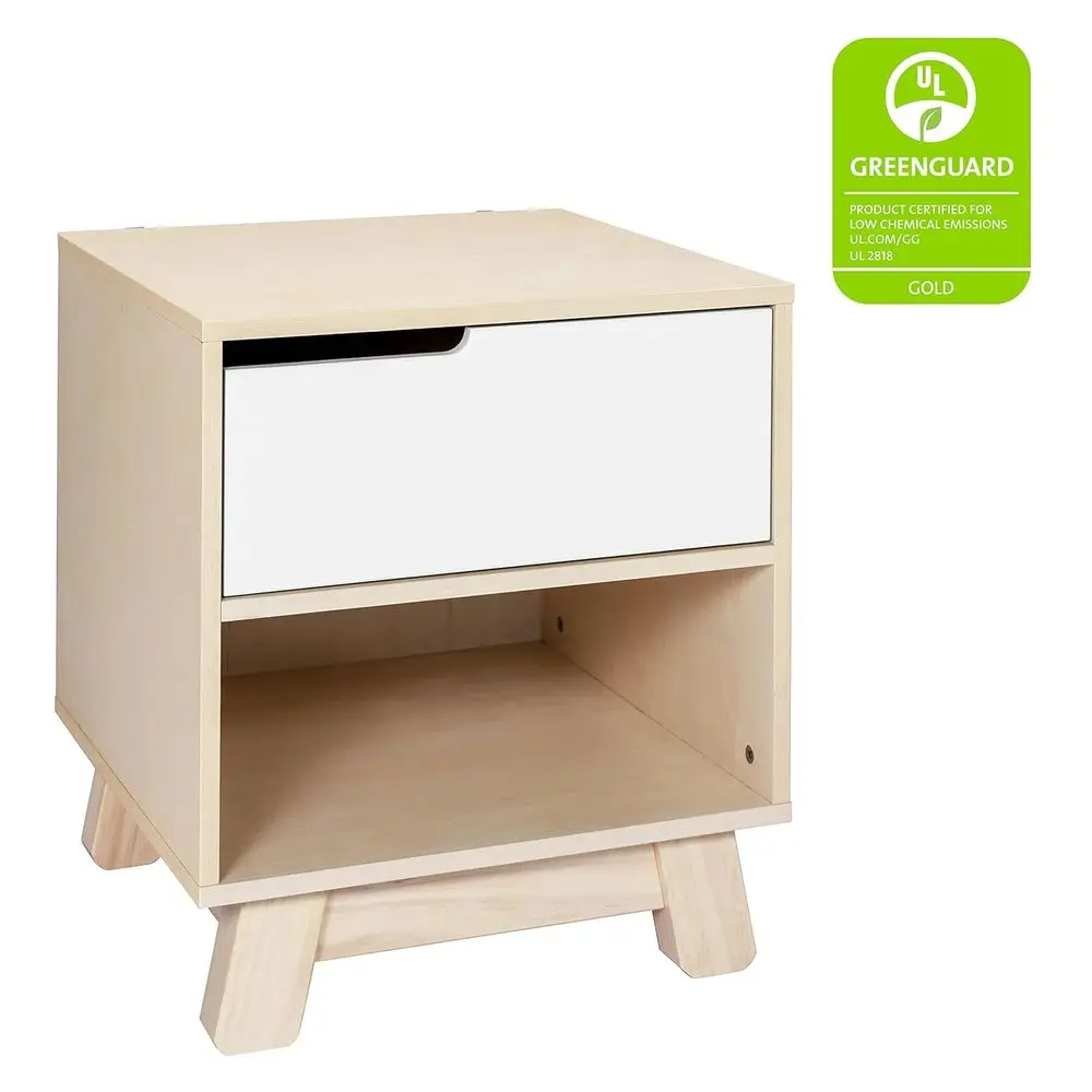 Nightstand with USB Port in Washed Natural and White, 1 Drawer and Storage Cubby