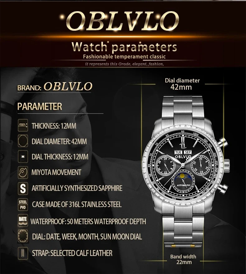 OBLVLO ساعة أوتوماتيكية للرجال 42 مللي متر ساعة يد ميكانيكية عتيقة 50 متر مقاومة للماء LumeSapphire مرآة متعددة الطلب شهر أسبوع