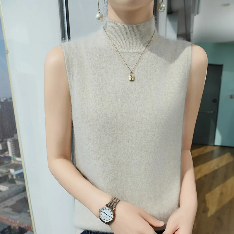 Chaleco de cuello medio alto tejido de Cachemira de visón 100% para mujer, suéter fino sin mangas para primavera y verano, jersey NUEVO chaleco