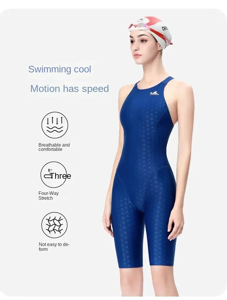 FINA-Zugelassener Mädchen Einteiliger Knielanger Badeanzug Professioneller Wettkampf- und Trainings-Schwimmanzug – Detail 3