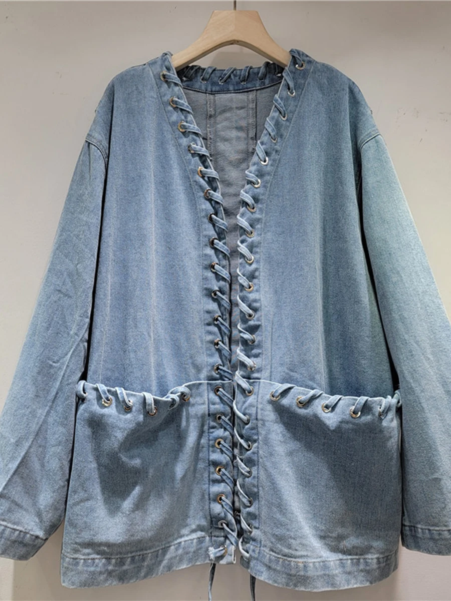 VGH Solid Spliced Pockets Loose Coats for Women V Neck Long Sleeve Patchwork Drawstring Design Sense Coat Female Fashion Style