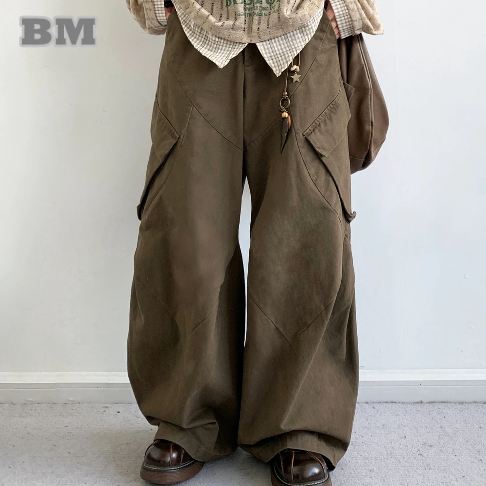 

Mens Japanese Korean Style Cargo Pants Vintage Loose Fit Straight Leg Streetwear Casual High Quality Trendy Wide Leg Trousers