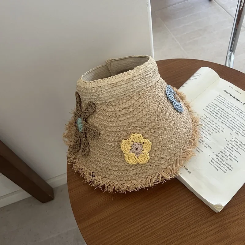 

Hand-Crocheted Raffia Headband Hat Wide Brim Open Top Sun Protection with Raw Edge for Women Beach Vacation Summer Accessory
