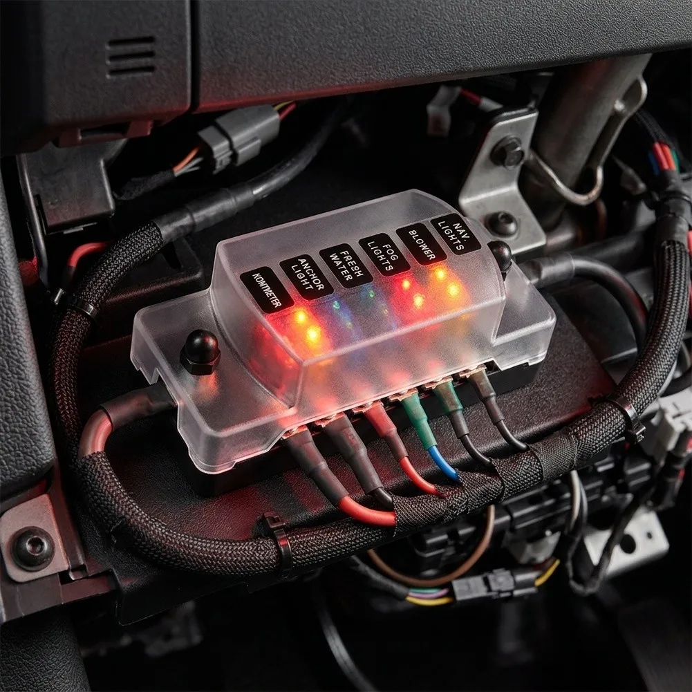 6 Circuit Fuse Distribution Unit with LED Indicators for Cars For RVs Boats Yachts and Specialty Vehicles 75A Max Input Rating