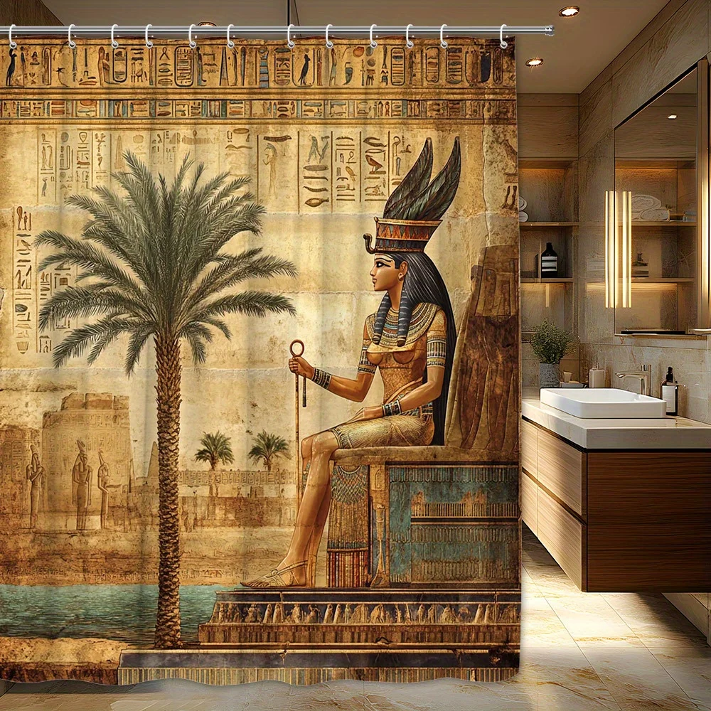 Vintage Egyptian Pharaoh Art Shower Curtain Waterproof Bathroom Decor Ancient Nile Hieroglyphic Tapestry Tropical Jungle