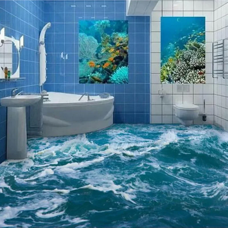 

Custom Floor Wallpaper Modern Stereoscopic Seawater 3D Floor Mural PVC Self-Adhesive Waterproof Bathroom Floor Wallpaper Sticker
