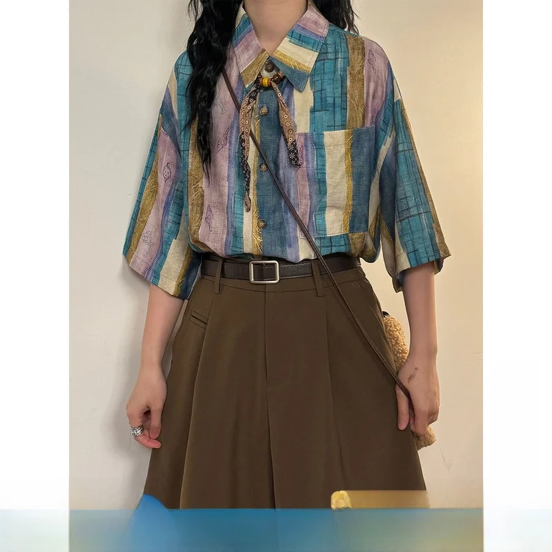 

UATONLINE2026 Graffiti Dyeing Irregular Stripes Short Sleeve Shirt Unisex American Retro Beach Style Loose Fit Breathable Cas...