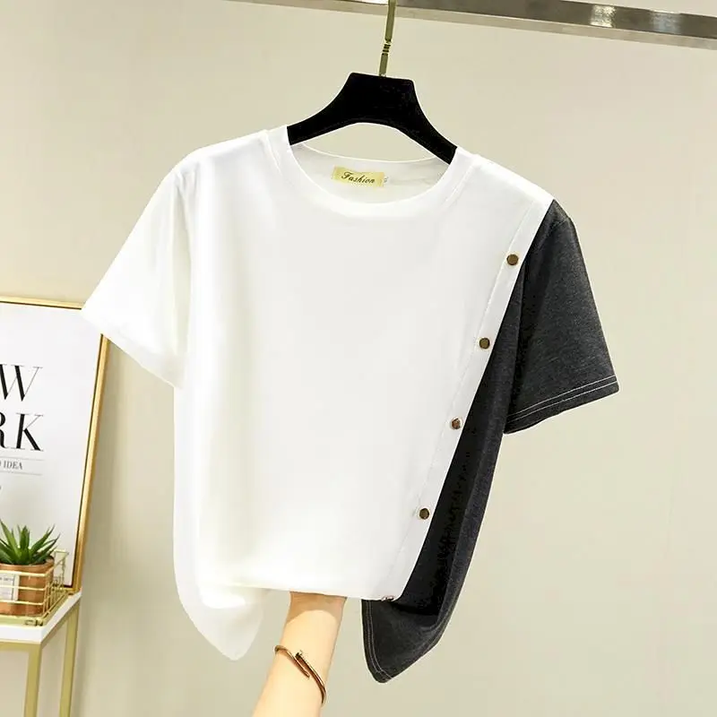 Oversized T Shirt Women Summer Trendy Top Korean Style Irregular Short-sleeved T-shirt Buckle Decoration All-match Casual Tshirt