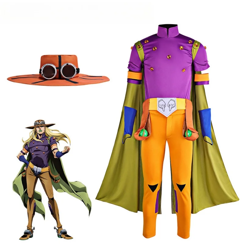 

Halloween Uniform Outfits Carnival Men Gyro Zeppeli JoJo Cosplay Bizarre Adventure Costume Green Cloak Purple Shirt Clothes Set