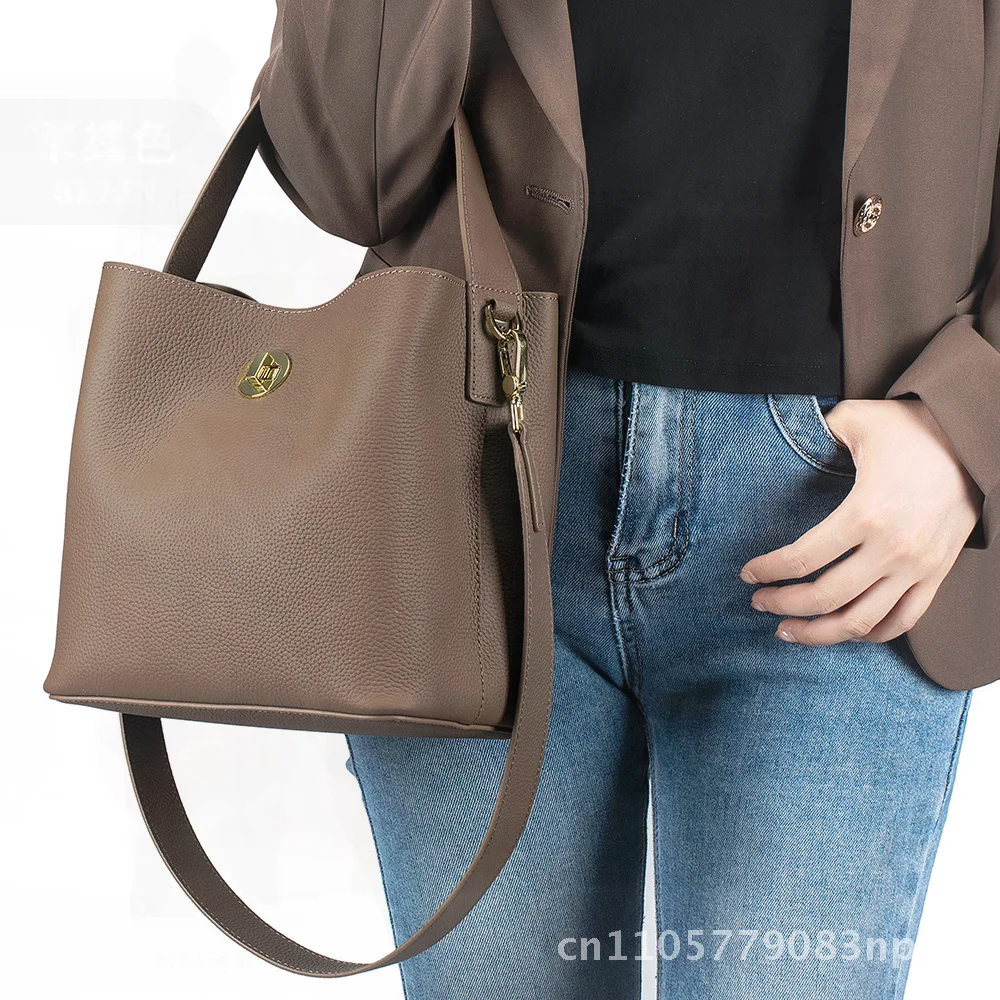 

High-End Women's Bucket Bag 2024 Genuine Leather Large Capacity Shoulder Crossbody Handbag Vintage European Style Black Khaki