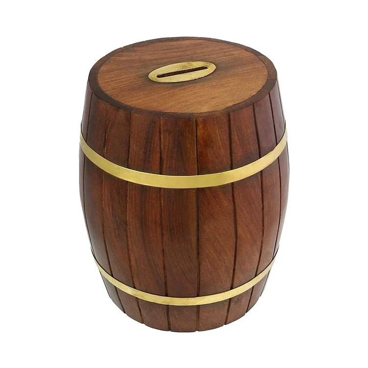 OEM Possible for Barrel Shape Money Saving Box Wooden Piggy Bank Coin Box from Top Listed Indian Manufacturer