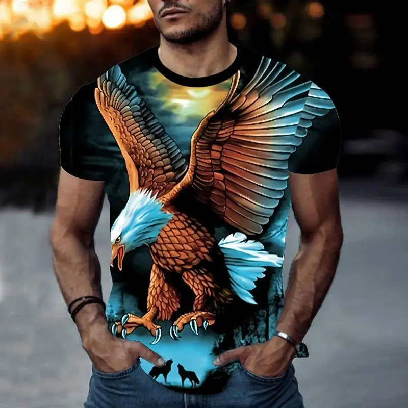 Men 3D Colorful Eagle Print T‑Shirt Bald Eagle Graphic Crew Neck Short Sleeve Casual Plus Size Streetwear Tops
