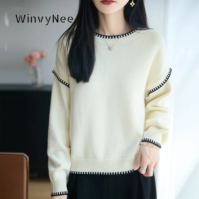 WinvyNee Women Contrast Stitch Trim Knit Pullover 100% Cotton Crew Neck Long Sleeve Jumper Top Autumn Winter Loose Fit ZA1892019