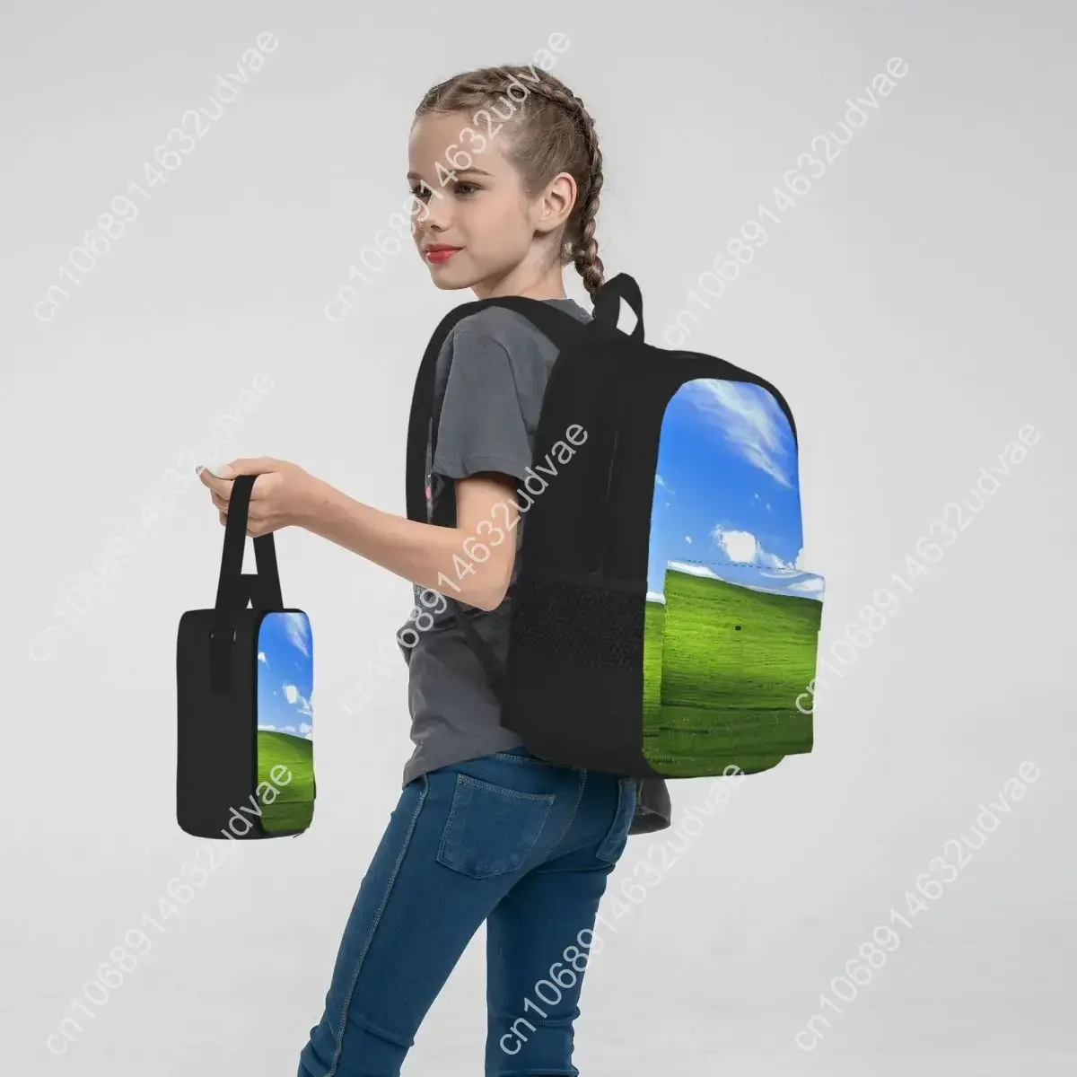 Windows XP Wallpaper Backpacks Boys Girls Bookbag Children School Bags Cartoon Kids Rucksack Lunch Bag Pen Bag Three-Piece Set