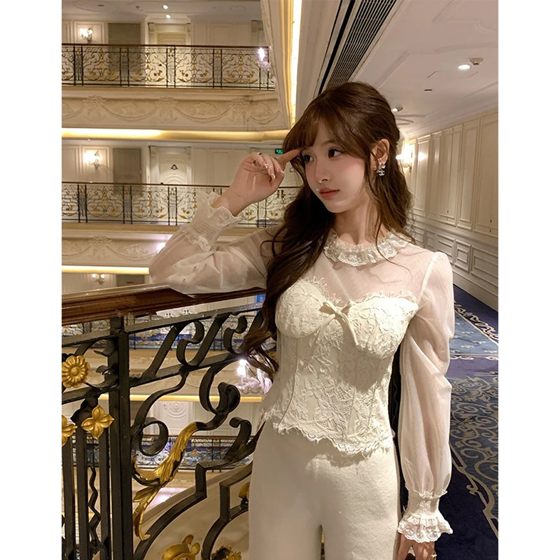 MEXZT Vintage Cropped Lace Shirts Women Sweet Elegant Mesh Patchwork Blouses Summer Ladies Korean Long Sleeve Slim Design Tops - view 6