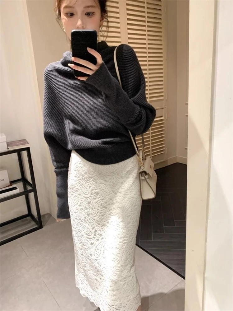 

2000s Korean Turtleneck Batwing Sleeve Vintage Sweaters Y2k Pure Color Subculture Elegant Long Sleeve Pullovers Sweaters Chic