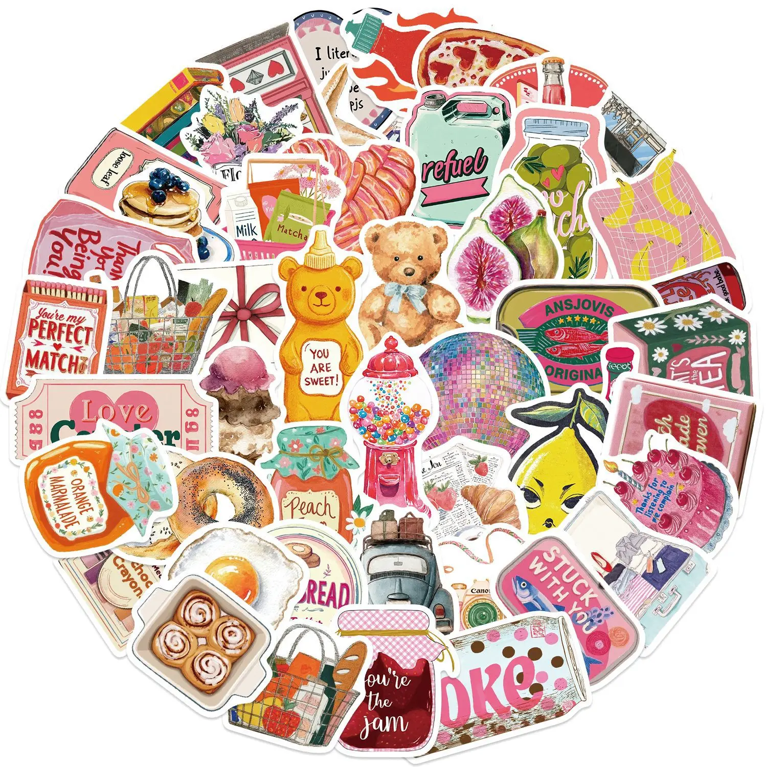 50Pcs Pink Retro Aesthetic Fruit Food Stickers Cartoon Jam Bread Decals DIY Decor For Phone Laptop Skateboard Guitar Notebook