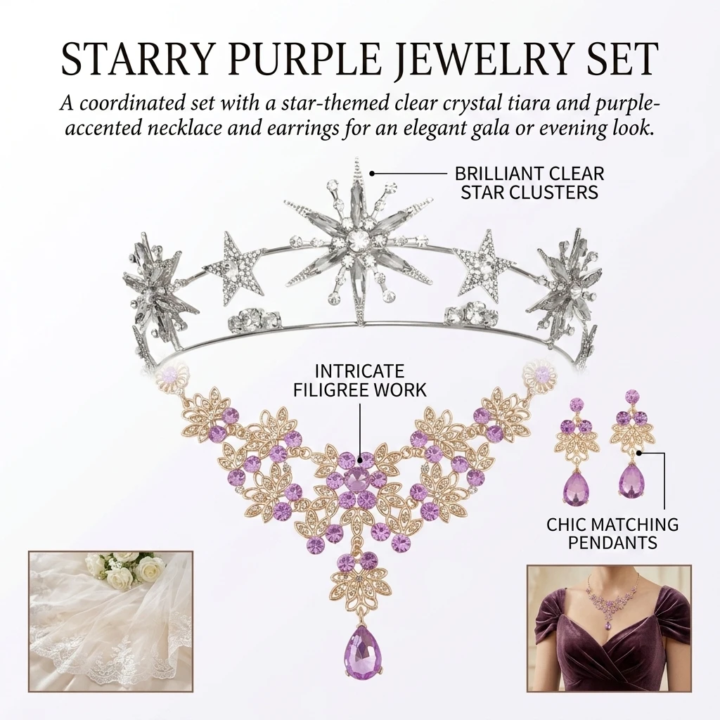 Bridal Jewelry Set Rhinestone Star Crown Necklace Earrings for Wedding Party Evening Wear Purple Crystal Accessories Gift