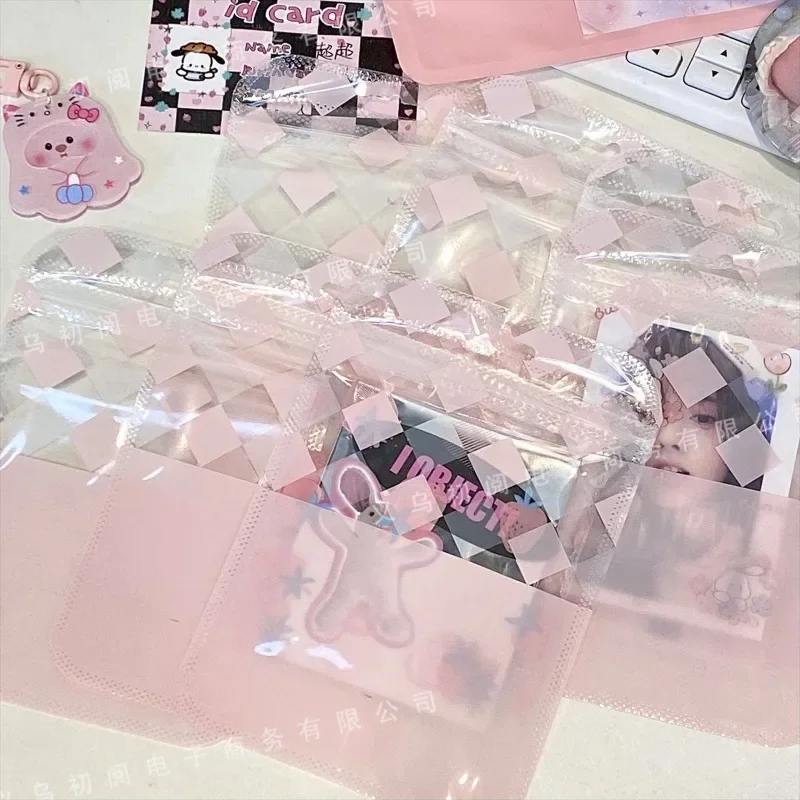 10PCS Cartoon Cute Pink Grid Transparent Ziplock Bag Kpop Star 3 Inch Photo Card Packing Material Kawaii Candy Color Gift Bag