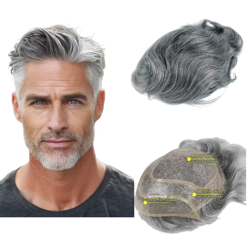 

Мужской парик с седыми волосами, 100% человеческие волосы, моно-база, 8x10 дюймов, кружево с полиуретаном для соли и перца, цвета 1B80 # 7 4T613